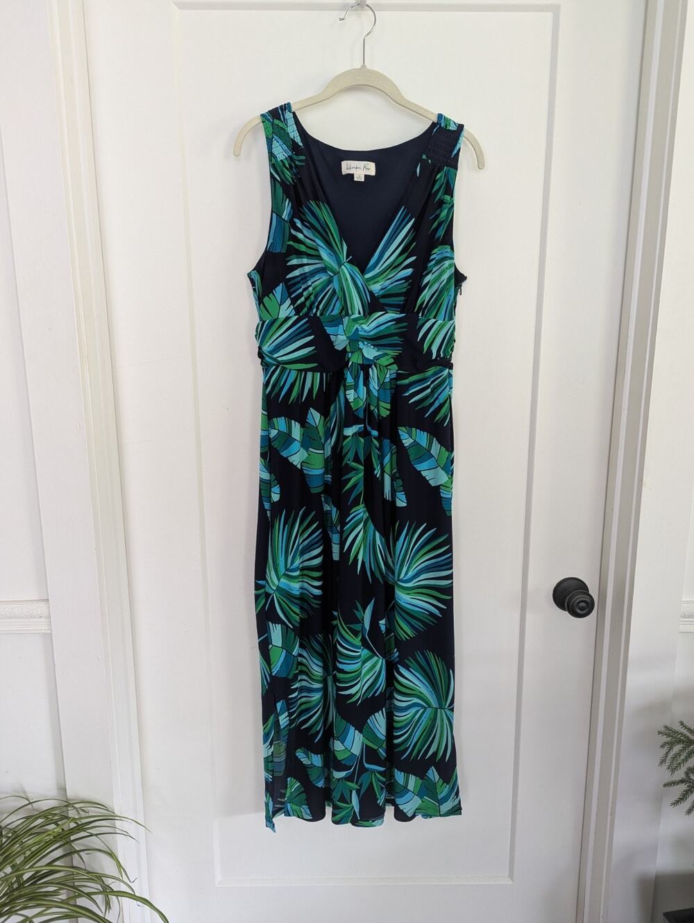Harper Rose Dress 12 Tropical Navy Green Palm Leaf Midi Smocked Cruise Resort